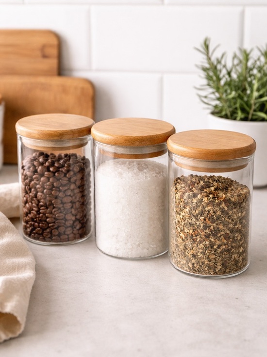 Other - Glass Spice Jars Set 3 Bamboo Lid Kitchen Storage 8oz New